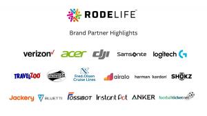 Official RODE LIFE Brand Partner Highlights graphic displaying corporate logos for Verizon, Acer, DJI, Samsonite, Logitech G, Travelzoo, American Tourister, Fred. Olsen Cruise Lines, Airalo, Harman Kardon, Shokz, Jackery, Bluetti, Fossibot, Instant Pot, A