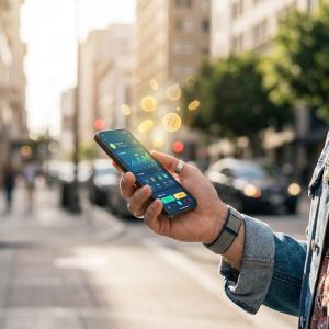 Person holding smartphone with rewards and coins floating from screen, representing money apps that pay for real-world actions and attention.