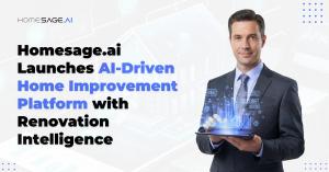 Professional holding tablet displaying Homesage.ai's AI-powered home improvement platform with digital property analytics and renovation intelligence interface overlaid on screen