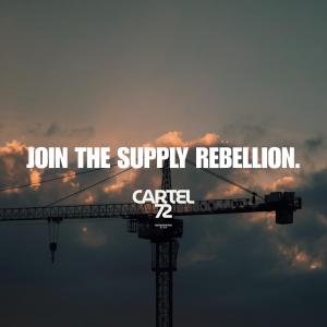 Silhouette of a construction crane against a dramatic sunset sky featuring the Cartel 72 logo and the slogan 'Join the Supply Rebellion', representing Malta's first procurement aggregator.