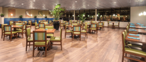 A spacious, modern restaurant interior featuring wooden floors, green and brown color scheme, and numerous empty tables with blue napkins.