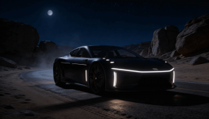 Black concept car with adaptive headlights driving on a desert road at night, with stars visible overhead.