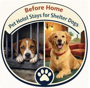 Shelter dog shown in a kennel beside the same dog in a pet hotel environment, illustrating the Before Home pilot program that places shelter dogs in pet hotels while awaiting adoption.