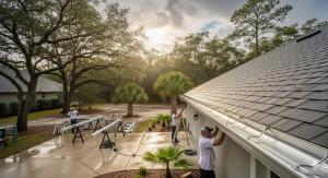 Two workers install gutters on a house under a cloudy sky with sun breaking through. A white truck and tools are nearby, surrounded by lush trees.