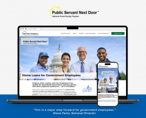 Public Servant Next Door® Home Loans for Government Employees website displayed on desktop and mobile, featuring grants and down payment assistance for public servants.