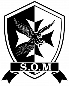 Black-and-white shield logo of Strategic Operations & Management LLC featuring a cross and eagle with the initials S.O.M.