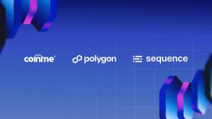 “Blue gradient graphic featuring the Coinme, Polygon, and Sequence logos displayed side by side on a grid-pattern background.”