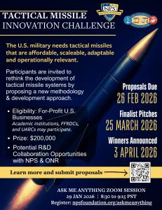 NPS’ first-ever prize challenge is designed to address a key operational need in tactical missile development and production, in addition to the development of accelerated rapid prototyping and acquisition strategies. Sponsored by the Office of Naval Rese