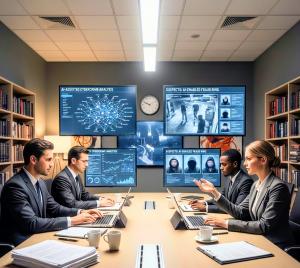 Mytsv.com Four diverse professionals in business suits sit around a modern conference table using laptops and tablets. Behind them, large wall-mounted screens display "AI-Assisted Cybercrime Analysis" with a glowing blue network graph and "Suspects: AI-En
