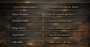 This visual comparison highlights how the Steampunk Series departs from conventional lighter design philosophies.