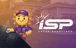 Illustration of iSP Solar’s sun mascot wearing a purple iSP uniform and headset, inspecting a rooftop solar panel with tools, alongside the iSP Solar Redefined logo in front of a residential home.