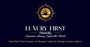 Luxury First Travel logo: gold compass with jet silhouette on navy background, text 'LUXURY FIRST TRAVEL' and tagline 'Experience Luxury, Explore the World'