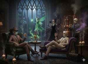 Five well dressed skeletons in a luxury lounge setting