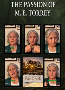 Wide composite image showing multiple stills of author M. E. Torrey speaking during a recorded interview, with the cover of her novel Fox Creek displayed at the center.