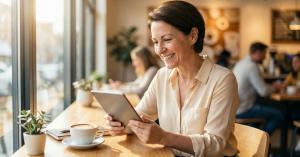 Confident entrepreneur using AI tools on tablet in coffee shop.