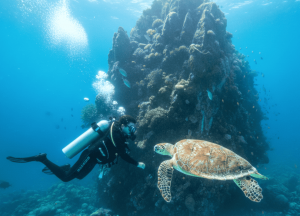 A scuba diver wearing full diving gear swims calmly near a sea turtle next to a coral-covered rock formation in clear blue water off Koh Samui.