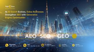 AI search optimization in Dubai showcasing SEO, AEO, and Generative Engine Optimization strategies for future-ready businesses by Right-Door.