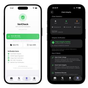 VeraCheck validates proofs via QR, file, or JSON—checking signatures, hashes, and timestamps. Chain Integrity dashboard shows all events, anchor status, and detects tampering. Full transparency with cryptographic guarantees.