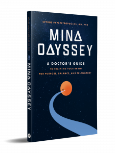 3-D Book Cover of "Mind Odyssey: A Doctor’s Guide to Training Your Brain for Purpose, Balance, and Fulfillment," by Spyros Papapetropoulos, MD, PhD.