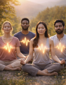 A diverse group of adults seated outdoors with eyes closed, practicing a contemplative exercise, with a soft pulse-like light at the center of each person’s chest.