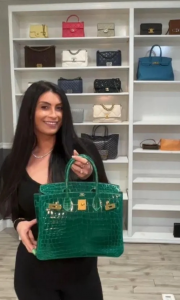 Lena of Goldpawnershop displays the Hermès Birkin 30 Emerald Shiny Niloticus Crocodile she for $38,999 on the Whatnot live stream platform, shattering the record for highest price handbag ever sold on that platform. Lena buys designer bags from around the world.