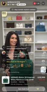 Screen shot of Lena selling the Hermès Birkin 30 Emerald Shiny Niloticus Crocodile for a record of $38,999. Goldpawnership, led by Lena, is a trusted reseller of authentic luxury designer goods specializing in brands such as Chanel, YSL, Louis Vuitton, Prada and Gucci.