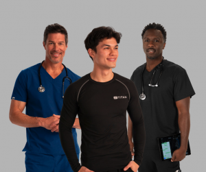 Healthcare professionals wearing Titan performance medical scrubs and base layer