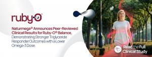 Illustrated banner showing a woman walking outdoors alongside text announcing peer-reviewed clinical results for Ruby-O® Balance and omega-3 delivery research.