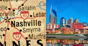 Nashville limo service coverage map showing LuxNashRide service areas across the metro and suburban region