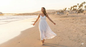 A happy, healthy woman walking on a sunny Orange County beach near a pier, symbolizing freedom and successful recovery from eating disorders.
