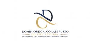Dominique Calcò Labbruzzo Holistic Law Firm logo in navy and gold with the tagline “Empowering you to become your happiest version!”