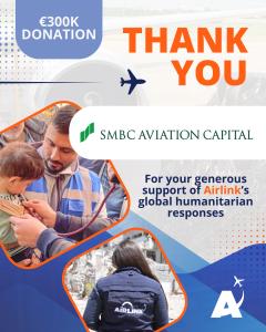 Volunteer doctor holding a child next to image of a person in a vest that says "Airlink" with words: "Thank you SMBC Aviation Capital for your generous support of Airlink's global humanitarian responses."