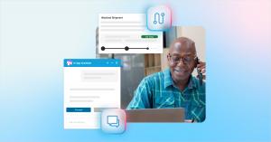 Rendering of the Track & Trace AI Worker and In-App Assistant screens with man in plaid shirt holding phone in background. The man is looking down at a laptop.