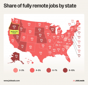 Map of the United States showing the distribution of remote work