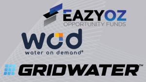 Logos of Eazy OZ, Water On Demand and Gridwater against a gridded background graphic