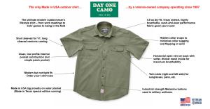 The performance features of The Richie by Day One Camouflage. Made in Texas and built to perform all day in town, on the river, and in the field