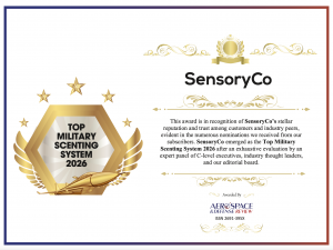 A snapshot of a certificate depicting SencoryCo's Award for Top Military Scenting System 2026 as recognized by Aerospace & Defense Review