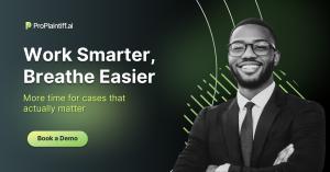  Smiling attorney with arms crossed next to ProPlaintiff text reading Work Smarter, Breathe Easier with Book a Demo button.