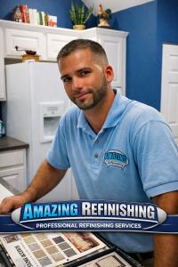 In-home consultation with Amazing Refinishing Florida, helping homeowners choose the perfect finish for their bathroom restoration.