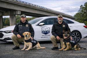 Two Retired Law Enforcement K-9 handlers kneeling beside trained detection dogs wearing K-9Z vests in front of a K-9Z vehicle, showcasing elite weapon, explosive, cadaver, and scent detection services.