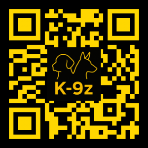 QR code linking to the K-9Z website for elite K-9 detection services, including weapon detection, explosive detection, cadaver detection, and scent tracking