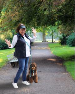 woman handler and dog with hands-free leash