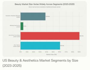 Mytsv.com Horizontal bar chart titled “Beauty Market Size Varies Widely Across Segments (2023–2025)” showing four US segments: Aesthetic Medicine (Broad) at $38.19 billion in 2023, Medical Aesthetics at $4.1 billion in 2024, Hair & Nail Combined at $90.4
