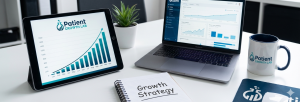 A digital tablet and laptop displaying upward-trending growth charts and analytics alongside a "Growth Strategy" notebook and Patient Growth Lab branding.