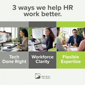 Images of three people working in offices. Bright Talent’s refreshed service model aligns around three outcome-focused pillars for HR productivity: Tech Done Right, Workforce Clarity and Flexible Expertise.