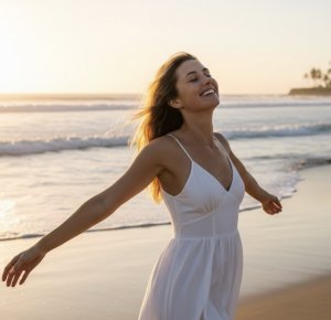 A happy woman in a white dress stands on a sunny Orange County beach with her arms outstretched, symbolizing successful mental health recovery.