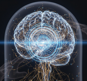 A hyper-realistic digital visualization of a human brain firing blue and gold neural signals during a successful mental health intervention.