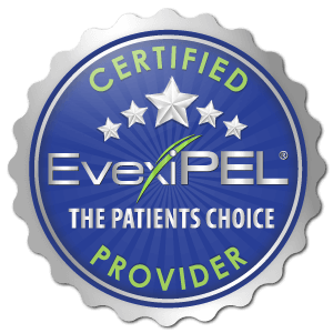 EvexiPEL Certified Provider seal recognizing South Beach Wellness Center as an approved provider of bioidentical hormone replacement therapy using EvexiPEL pellet therapy