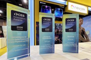 Trophies from CES Innovation Awards 2025 and 2026 are displayed side by side at NEWJAK’s booth. The company has been recognized for innovation across XR & Spatial Computing, Content & Entertainment, and Metaverse categories.