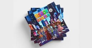 Stacked book covers of Fashion Revolution Vol. 1 by Giulia Deamina, featuring illustrated children in colorful fashion set against a vibrant city backdrop.
